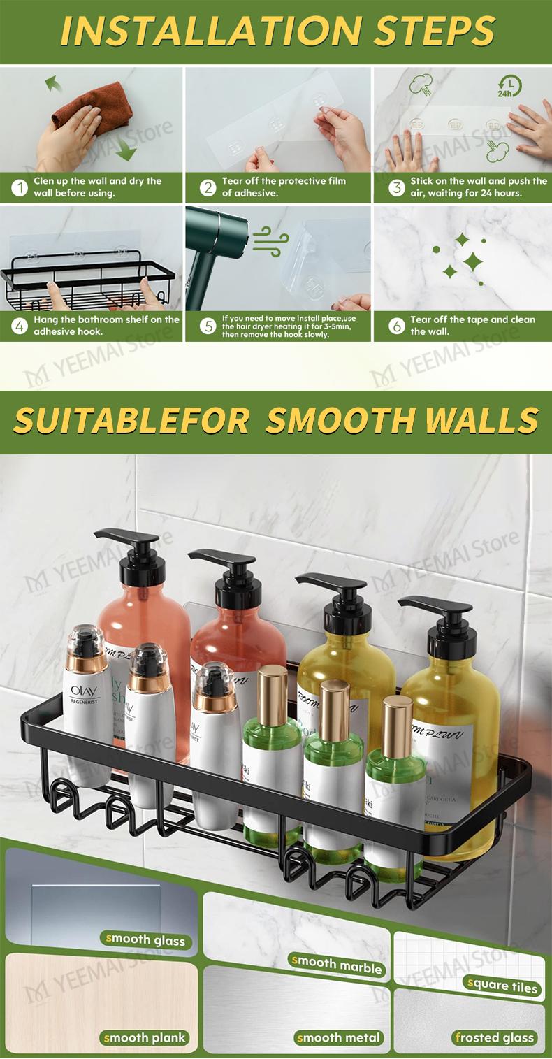 Shower Caddy Shelf Organizer Rack, Self Adhesive Black Bathroom Shelves Basket, Home Farmhouse Wall Shower Inside Organization and Storage Decor, Home Items Accessories, Moforoco Hanging Kitchen&Skincare&Cosmetic Organisers, Hollow Bathroom Rack Shelf