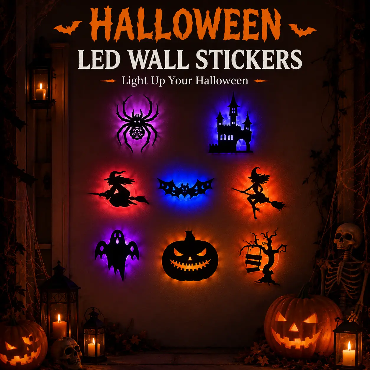 Halloween LED Silhouette Wall Light Stickers - Battery-Powered Peel & Stick PET Waterproof Decor, No-Drill Spooky Ornaments for Home Window Party (Ghost, Pumpkin, Witch, Bat, Castle, Spider, Tree Designs)