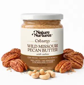 Creamy Wild Pecan Butter with Cashew · 70% Wild Pecans 30% Cashews · No Fillers · Raw · Stone Ground for 12 Hours · Small Batch · Handcrafted in USA · High Protein · 100% Pure & Natural · No Added Sugar · No Palm Oil · Packed in Glass Jar · 9 oz (255 g)