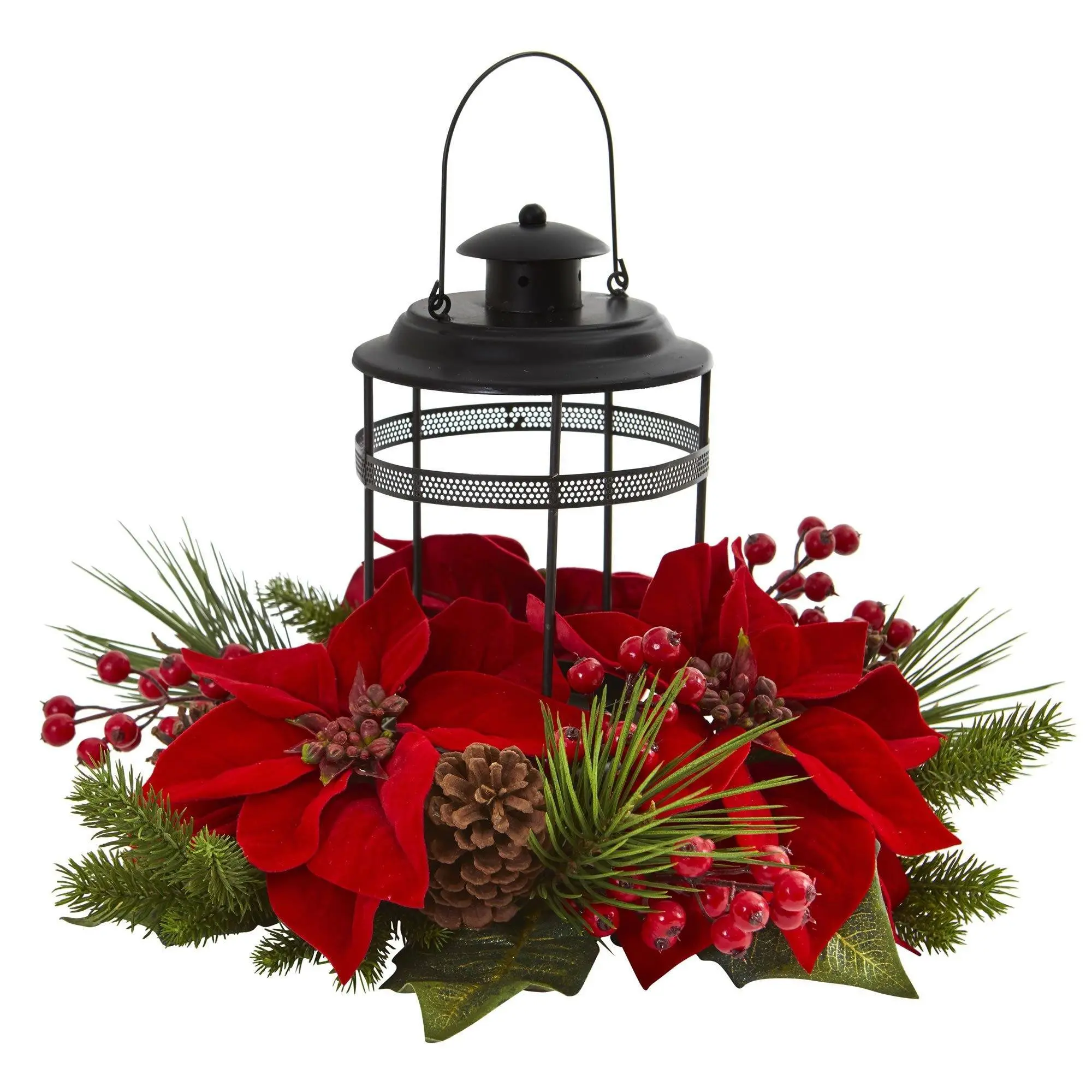 Elegant Artificial Poinsettia-Berry-Pine Arrangement Candle Holder - Artificial Flower Decoration, Home Decor Centerpiece, Table Ornament