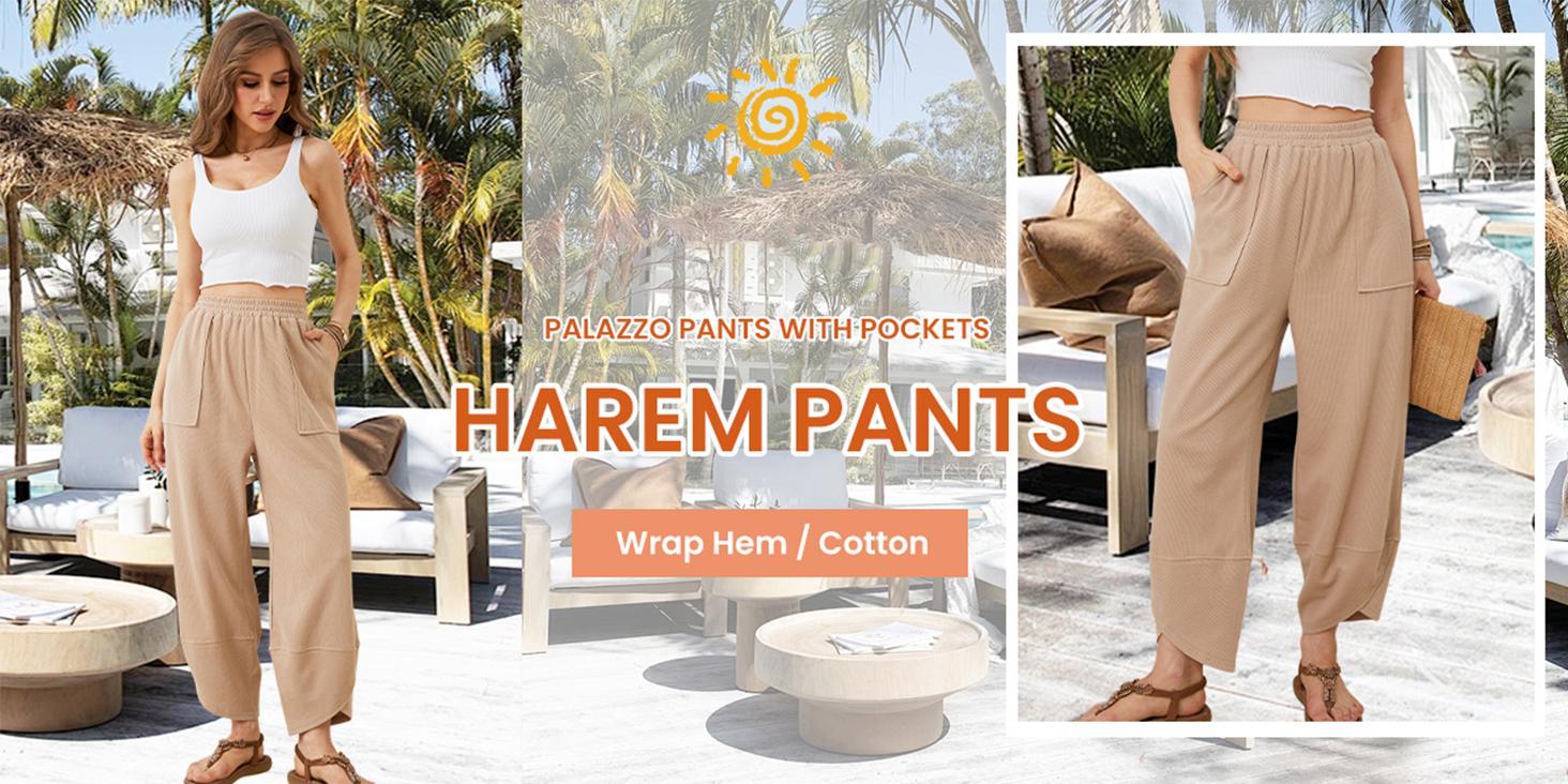 Mundoven Womens Baggy Wide Leg Pants Casual Elastic Waisted Palazzo Harem Pants with Pockets Mundoven Womens Baggy Wide Leg Pants Casual Elastic Waisted Palazzo Harem Pants with Pockets