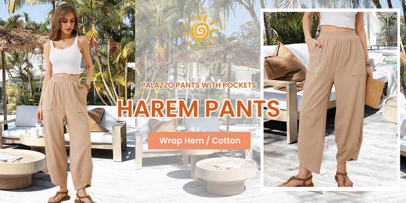 Mundoven Womens Baggy Wide Leg Pants Casual Elastic Waisted Palazzo Harem Pants with Pockets Mundoven Womens Baggy Wide Leg Pants Casual Elastic Waisted Palazzo Harem Pants with Pockets