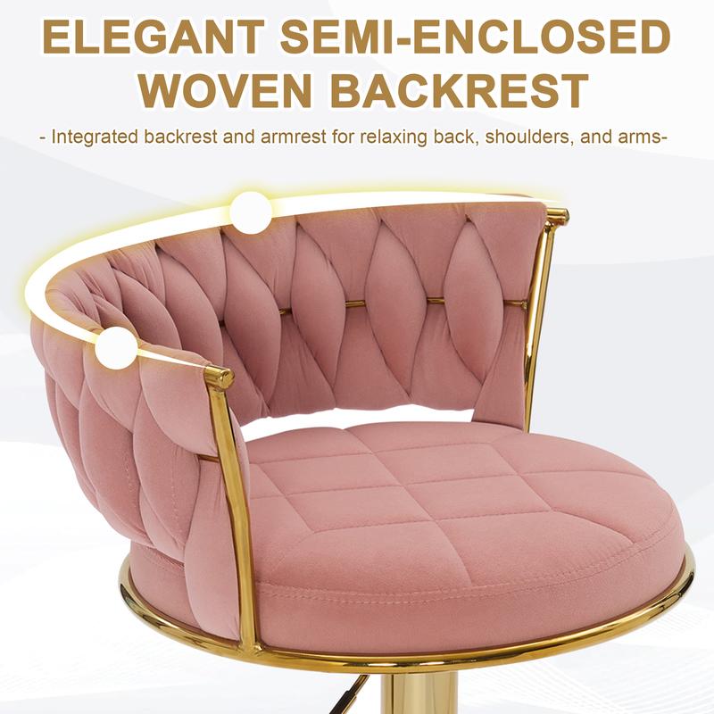 VECELO Bar Stools Set of 2 Woven Modern 360° Swivel Gold Base Bar Stools,Adjustable Height Barstools with Velvet Backs Metal Tall Kitchen Counter Chairs for Bar Pub Home