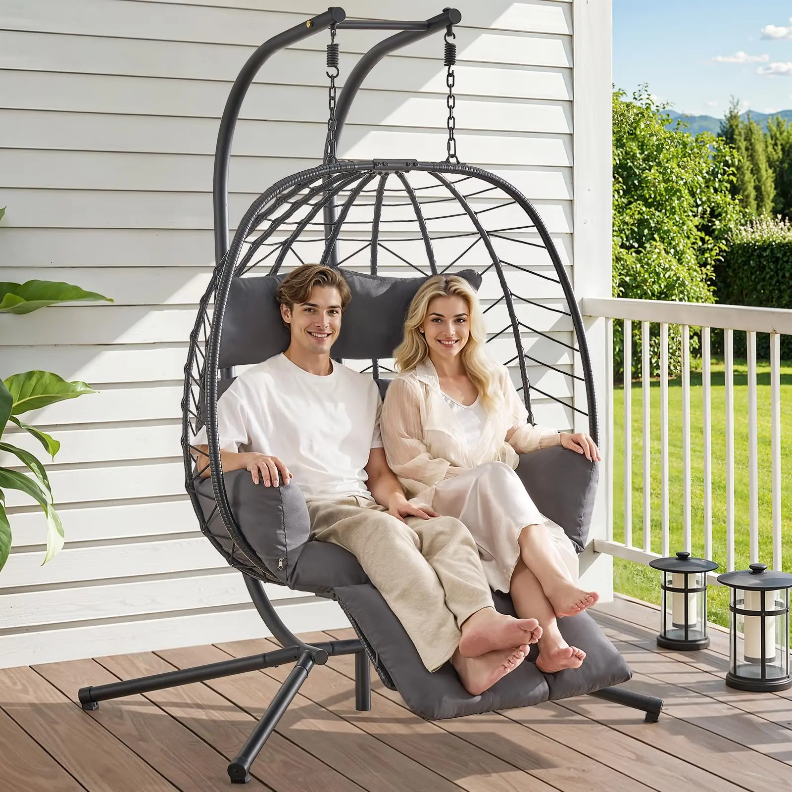 【BackToSchool】ONBRILL Double Rattan Egg Chair with Thick Fabric Cushions, Headrests, Adjustable Footrest, Rustproof Steel Stand, 650LBS Capacity Floor Hammock Loveseat for Adults, Outdoor Patio Furniture (Valentine's Day/Housewarming Gift for Deck), 5Leve