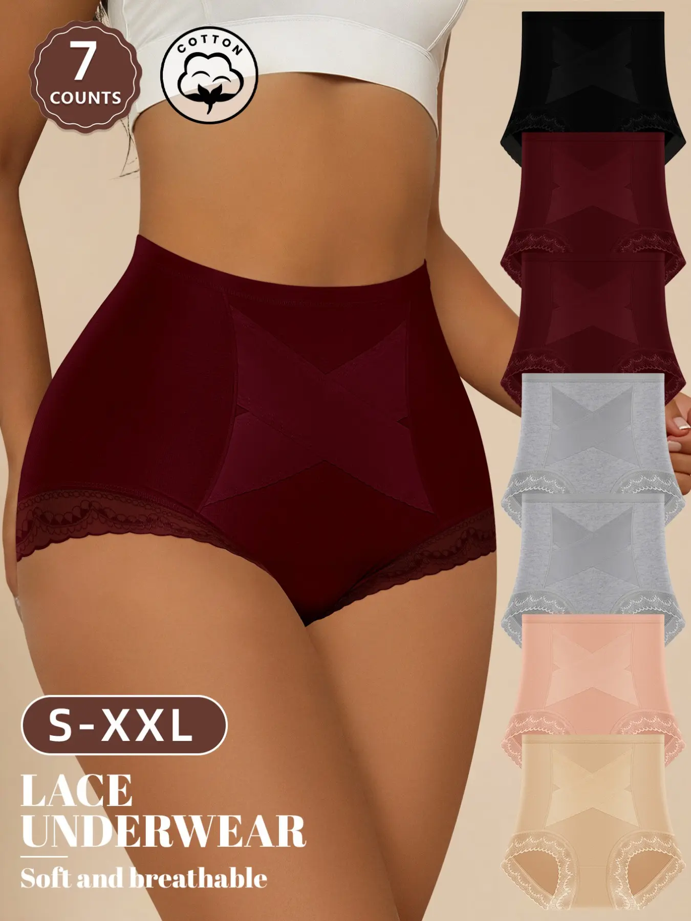 [Soft Cotton] MEIYATING 7pcs Lace Cross High Waist Underwear Panties, Breathable Comfy Knicker, S-Xxl, Fit, Breathable, Comfortable, Non-Irritating, Multi-Color Triangle Pants