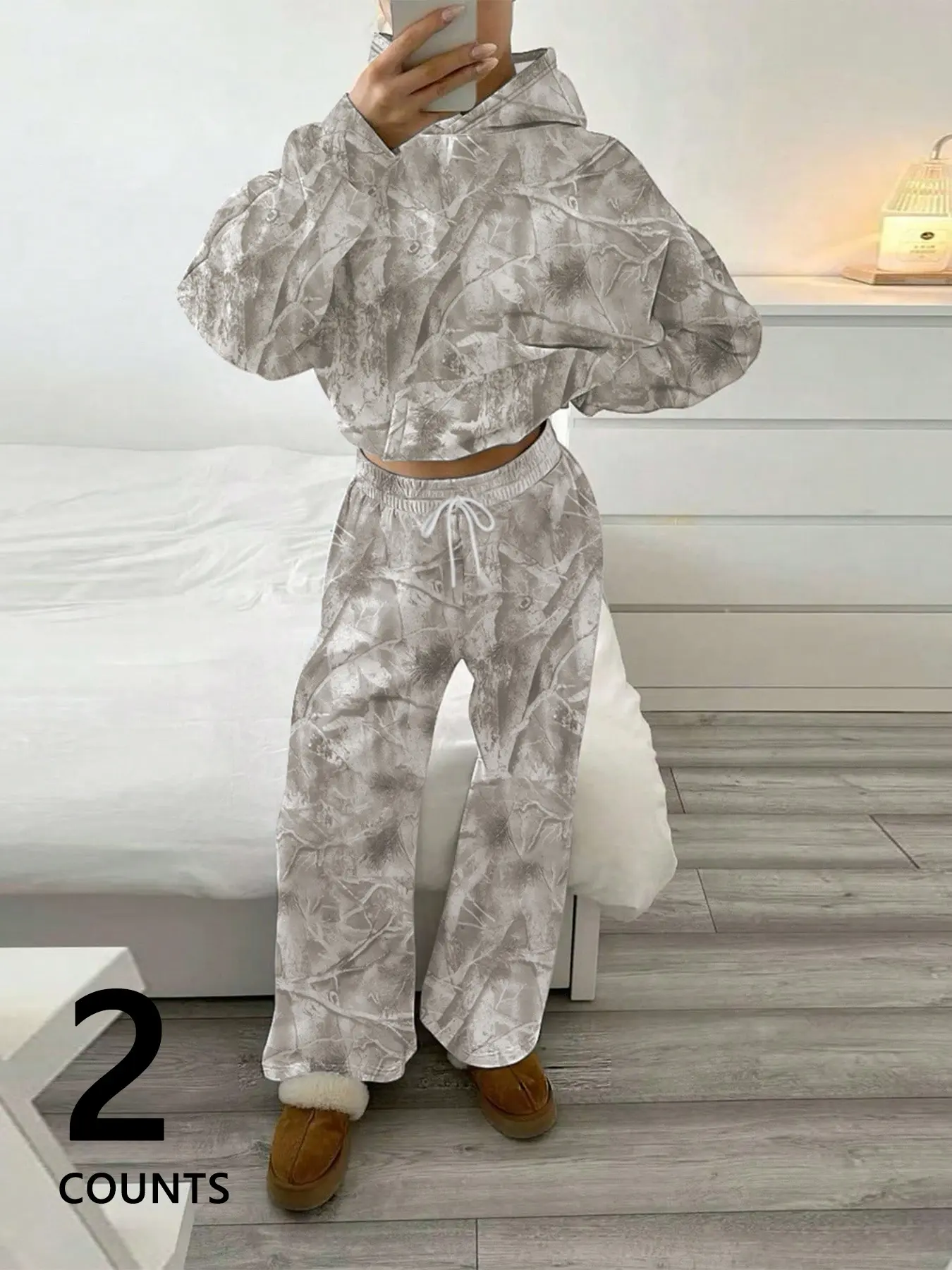 Women's Casual Two-Piece Set, Hooded Fitted Long Sleeve Sweatshirt & Drawstring Pants, Light Floral Print Fabric, Street Style, Streetwear Set, Fashionable & Trendy Clothes, Womenswear