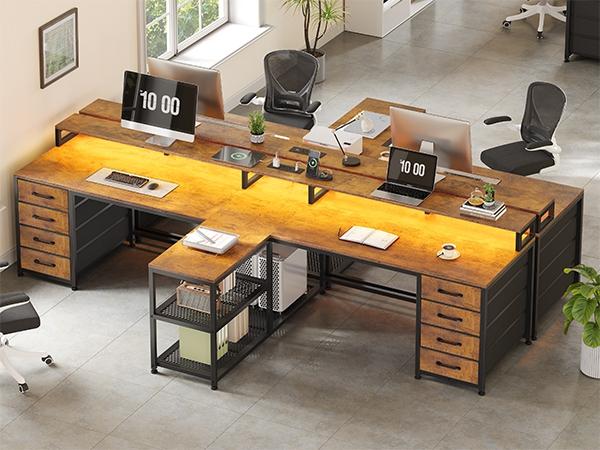 SEDETA 94.5 Inch 2 Person Gaming Desk Long Office Computer Desk with LED Lights 8 Storage Drawers Power Outlet