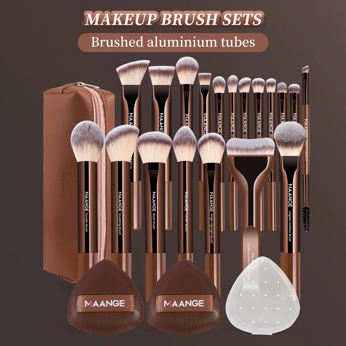 MAANGE 22-Piece Makeup Brush Set, Face Makeup Brush Kit, 19Pcs Makeup Brushes, 2Pcs Powder Puffs & 1Pc Cosmetic Bag, Ideal for Foundation, Blush, Highlight & Eyeshadow