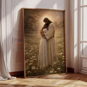 Jesus Embracing Woman Wall Art – Christian Faith Portrait of Love and Comfort for Prayer Room, Calm Religious Decor X