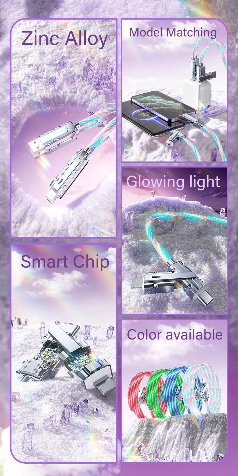 Four-in-One 100W Colorful lights Data Cable,Supports fast charging and data transmission,Free switching four interfaces, Luminous Durable