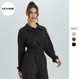 KatchMe Women's Casual Collared Long Sleeve Crop Top, Minimalist Solid Color Cinched Waist Sweatshirt, Athleisure Breathable Outfits