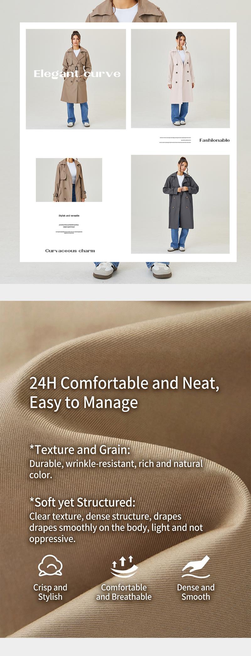 KatchMe Women's Versatile Solid Color Notch Lapel Double Breasted Detachable Belt Trench Coat, Fall & Winter Wrap Tie Waist Outerwear Jacket, Mid-Length Trench Coat