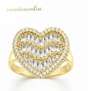 3 Gold Heart Ring with Clear Zirconias Laminated Fashion Jewelry for Women