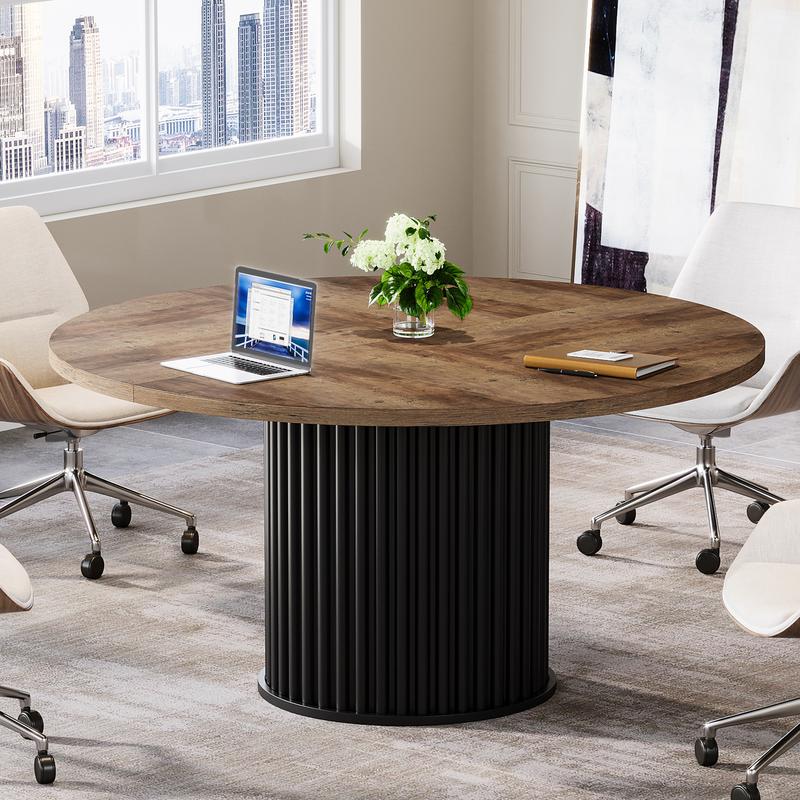 LITTLE TREE 47-Inch Round Conference Table, Meeting Table for 4-6 People, Small Office Desk with Sturdy Metal Base, Perfect for Conference Room or Small Workspaces