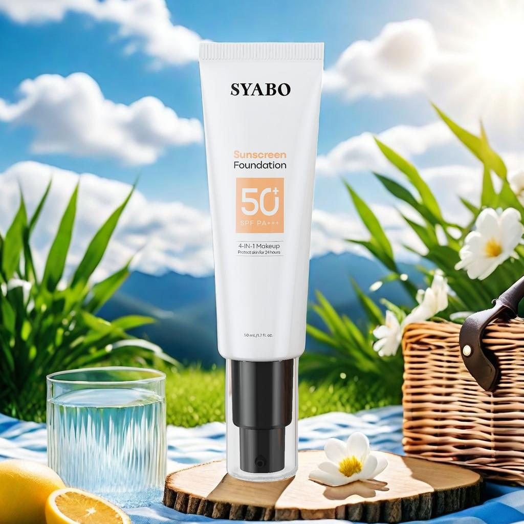 SYABO Sunscreen Liquid Foundation, 4 in 1 Makeup Liquid Foundation, Broad Spectrum SPF 50+ Sunscreen, Floral Concealer Liquid Foundation, Natural Makeup, Delicate and Fitting, Effectively Blocks UV Rays, Suitable for All Skin Types, Three Colors Cosmetic