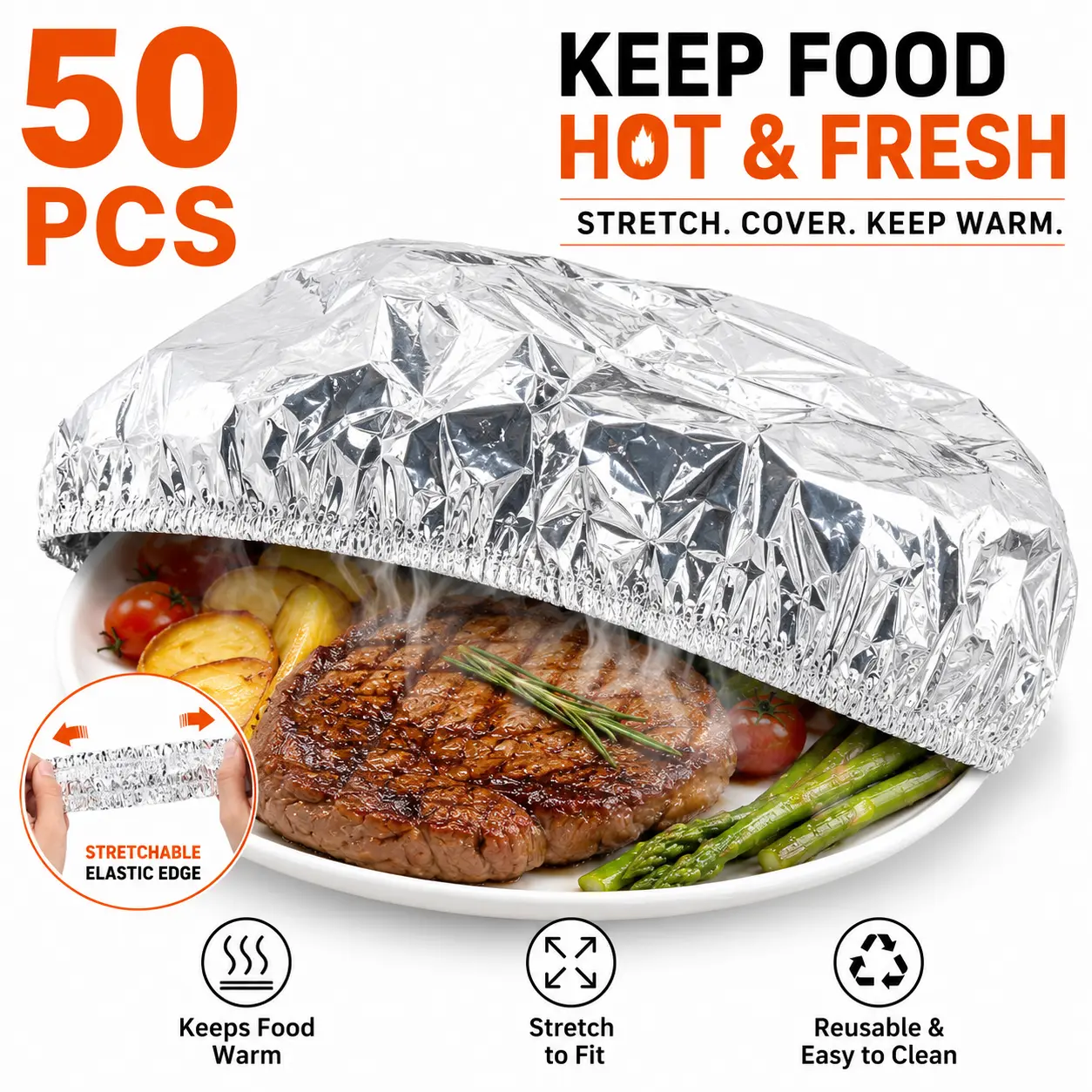 50 PCS Reusable Insulated Food Covers, Elastic Aluminum Foil Dish Covers, Keep Food Warm, Universal Fit for Bowls & Plates, Easy to Clean