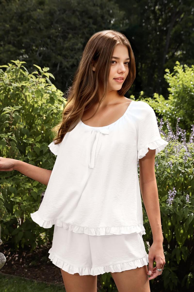 KFUBUO Womens Pajamas Set 2 Piece Ruffle Pj Soft Short Sleeve Tops and Shorts Sleepwear Set Cute Pajama Sets for Women KFUBUO Womens Pajamas Set 2 Piece Ruffle Pj Soft Short Sleeve Tops and Shorts Sleepwear Set Cute Pajama Sets for Women