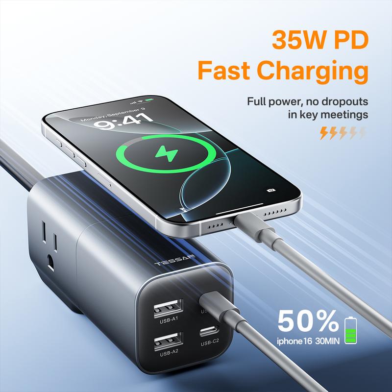 [Buy 1 Get 1 Free 60W Charging Cable] Tessan Detachable Power Strip with 35W GaN Fast Charging, USB Adapter and 3AC Power Strip into One for Easy Portability, 7-in-1 Power Strip with USB-A/C Ports for Phones, iPad, MacBook and More Devices