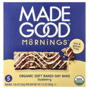 MadeGood Mornings™, Organic Soft Baked Oat Bars, Blueberry, 5 Bars, 1.06 oz (30 g) Each