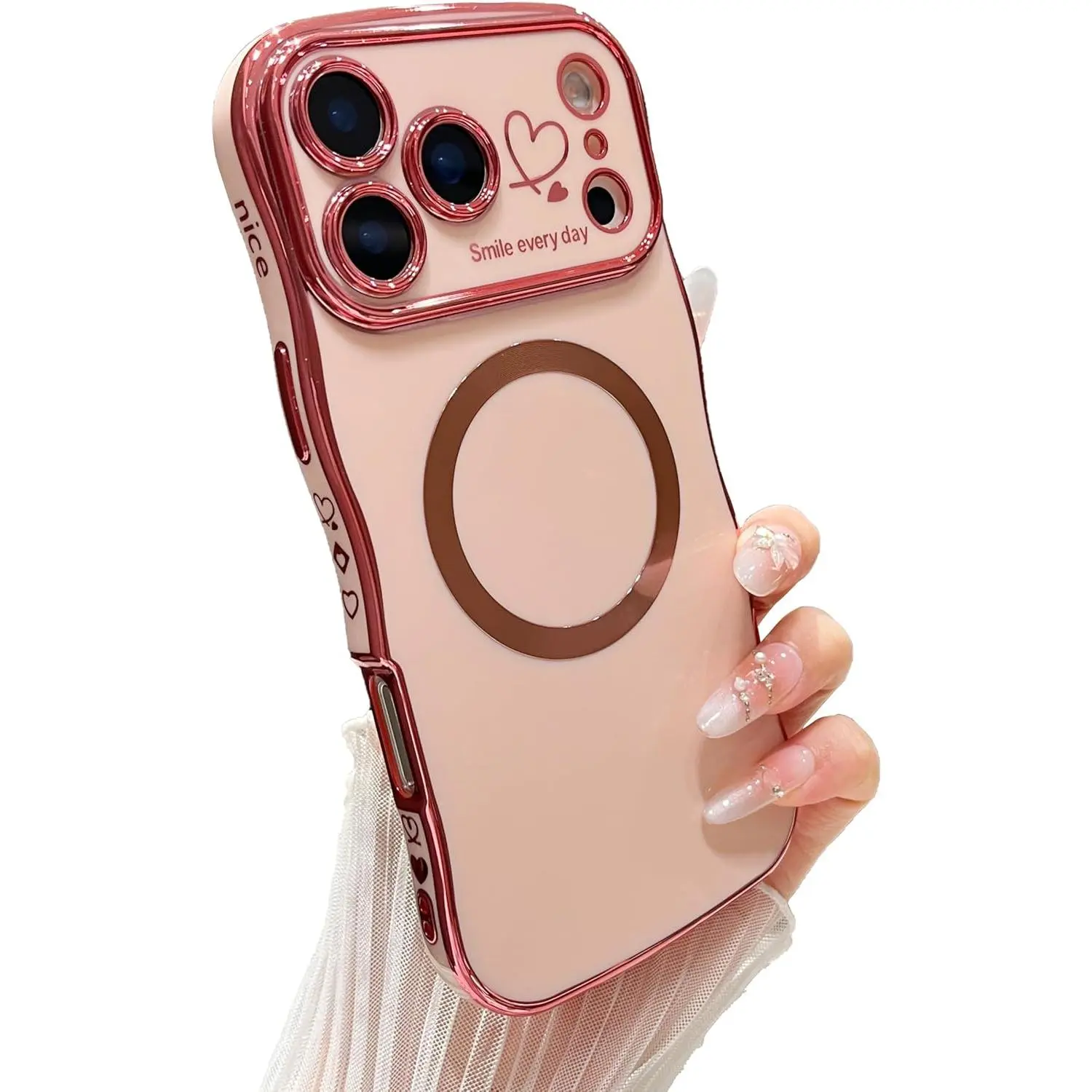 OREKROY Magnetic Phone Case for iPhone 17/16/15/14/13/12 Pro Max, Magsafe-Compatible, Curly Wave Plating Frame Cute Love Heart Casing, Full Camera Lens Protection Soft Durable TPU Shockproof Phone Accessories,back to school,back to school haul