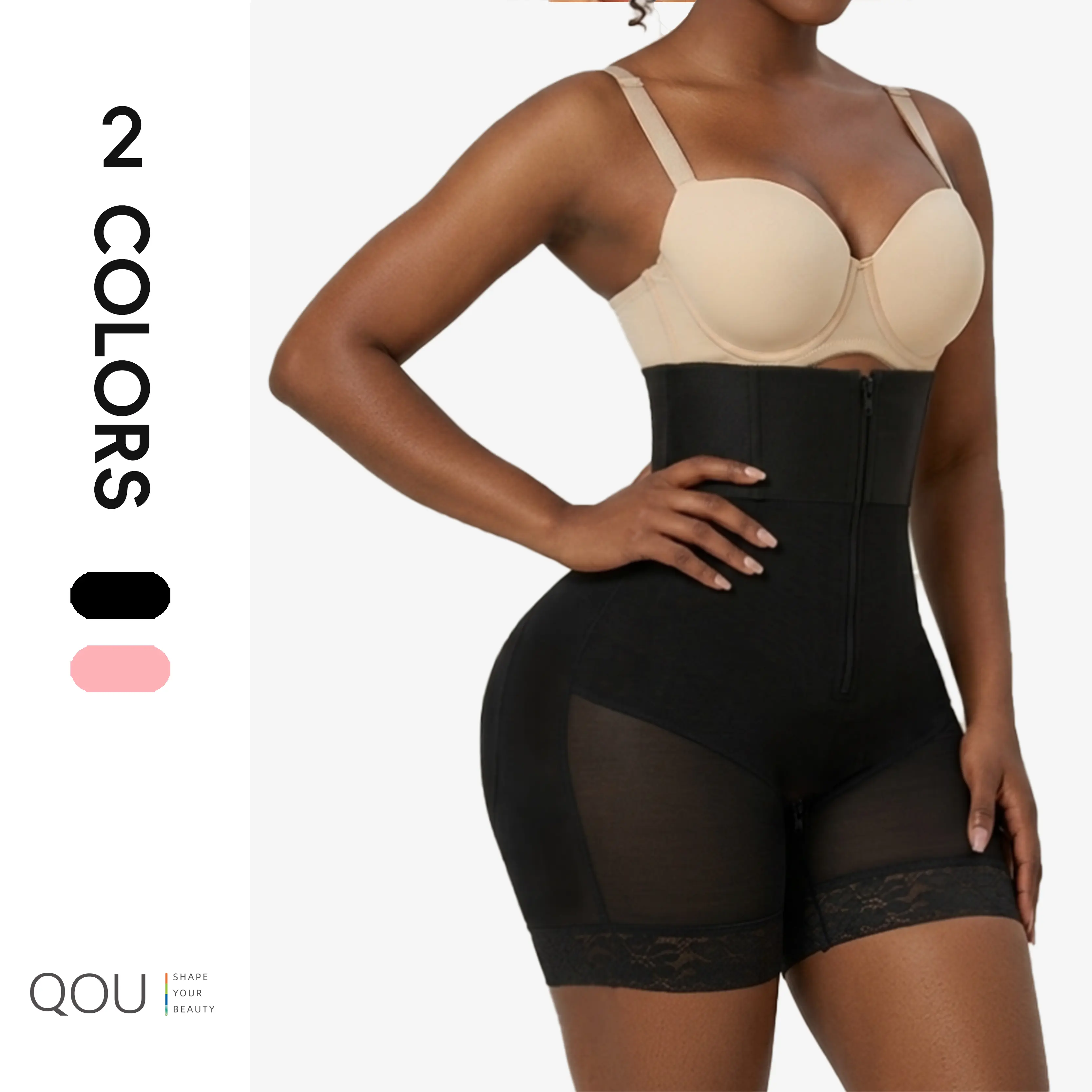 QOU Women's High-Waisted Elastic Polyamide Boy Shorts Shapewear - Minimalist Seamless Body Sculpting Garment with Zipper Closure, Lace Trim, Tummy Control for Postpartum Support, Thanksgiving, Easter (Plus Size)