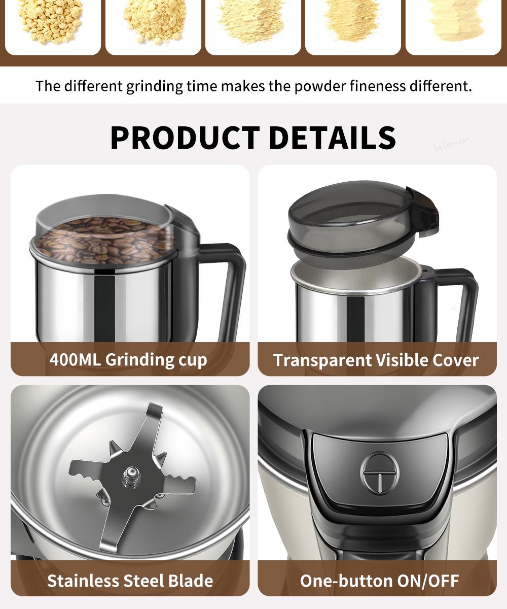 Electric Coffee Grinder Multifunctional Coffee Bean SpiceBeans Vanilla Stainless Steel Mixer 300W High PowerCrusher coffee grinder Electric Coffee Stainless SteelMeasuring Pitcher with Lid Espresso Distribution Tool withStand fast grind