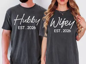 Comfort Colors Hubby Wifey T-Shirt, Matching Couple Shirt With Est Year, Personalized Husband Wife Shirt, Wedding Anniversary Gift Shirt, Husband Or Wife Tee