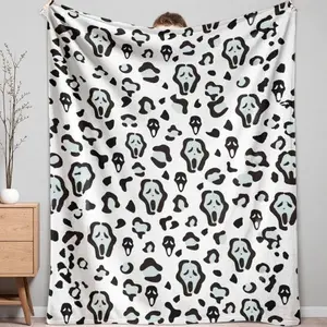 Ghost Face Flannel Blanket Spooky Leopard Print Ultra Soft Warm Lightweight Cozy for Couch Living Room Bedroom Travel Halloween Decoration Perfect Gifts