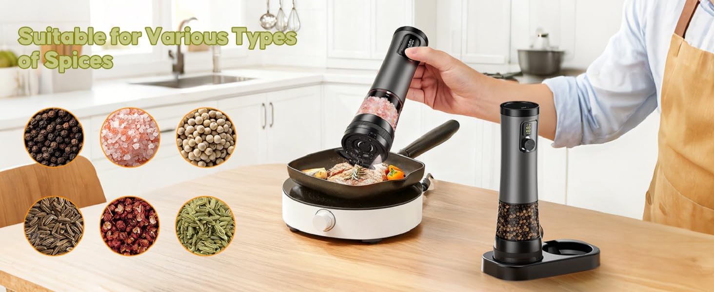 Automatic Pepper Grinder with Storage Base Electric Salt and Pepper Grinder Set Rechargeable Salt Mill with LED Power Display with Kitchen Light