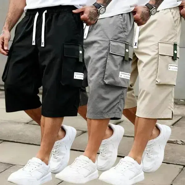 Men's 3-Pack Basic H-Type Cargo Shorts - Sportswear Activewear with 7/8 Length, Multiple Pockets, Elastic Drawstring Waist, Casual Fabric for Athletic Wear