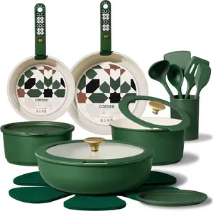 CAROTE 21Pcs Ceramic Cookware Set, Pots and Pans Set Non stick, Non Toxic Cookware Detachable Handle, Kitchen Cooking Set - Induction Cookware, Dishwasher/Oven Safe, PFAS Free, Green