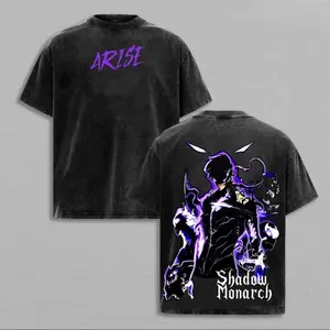 Solo Leveling Shadow Monarch Vintage Washed T-Shirt, Sung Jinwoo ARISE Dark Anime Tee, Oversized Purple Flame Streetwear Heavy Cotton Graphic Top，Anime lovers, Solo Leveling anime merchandise