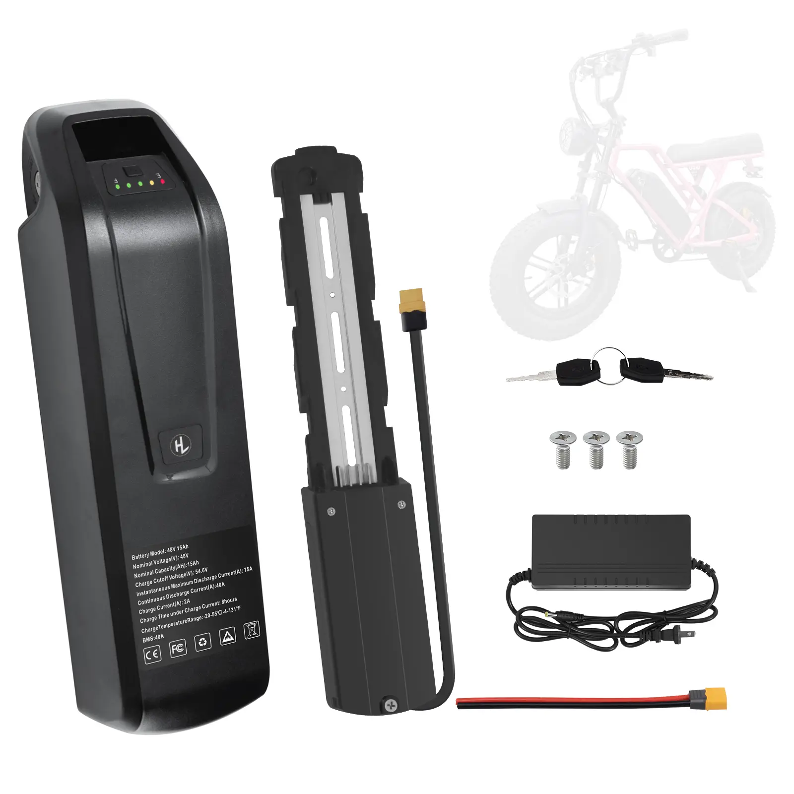 Lightweight Compact 48V 15.6Ah Lithium Ebike Battery Pack with 40A BMS, 4-Pin Baseplate, Power Switch, Safety Lock for 0-1500W Ebike Motors