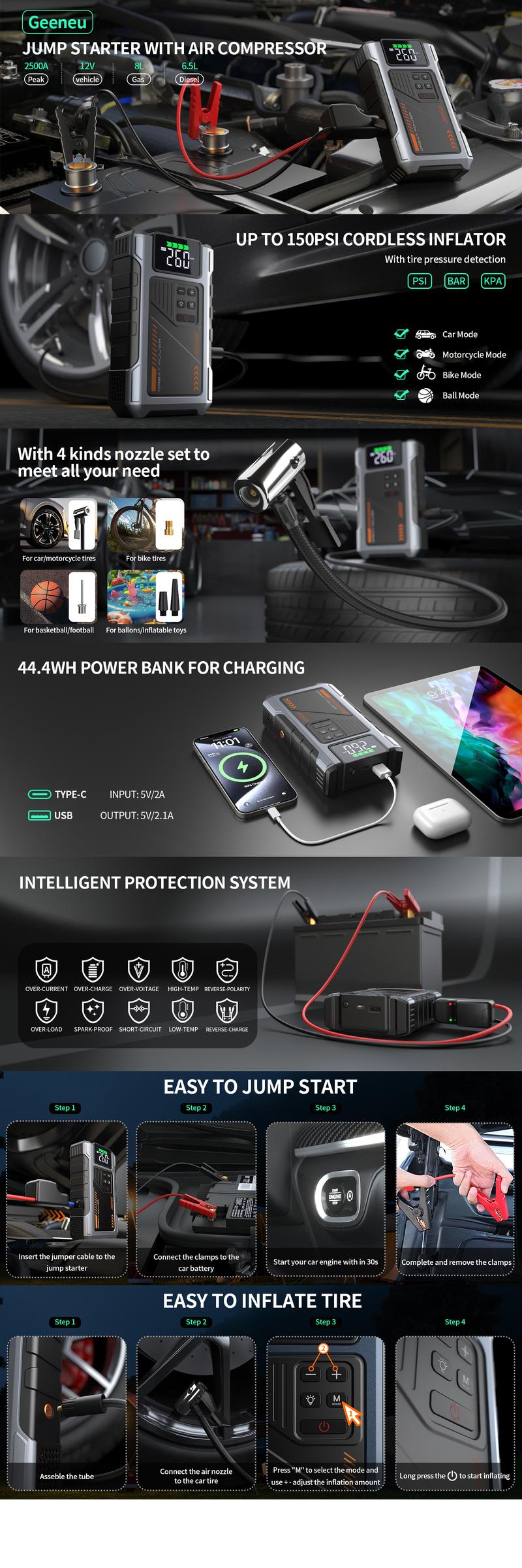 Portable Car Battery Charger Jump Starter with Air Compressor,2500A Jumper Box for Car Battery Portable Booster JumpPack,12V Jumpstart Combo 150PSl Car Tire Inflator AirPump(Up to 8.0L Gas/6.5L Diesel) Vehicle Autos car essentials