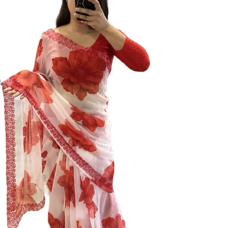 Women's Classic Traditional Floral Print Lightweight Drape Fabric Saree with Embroidered Threadwork, Fall & Picco Finishing - Elegant, Tradition Refined Women's Textile Attire, Elegance, Embroidered Detail