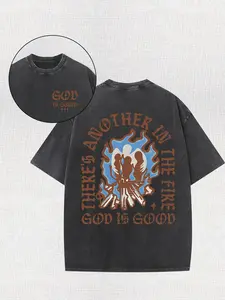 Heavyweight 230GSM Double-Sided Washed "God is Good, There is Another in the Fire" Religious Pattern Shirt | Brown Gray Retro Street Style Loose Fit All-Season Unisex Top, Christian Gift, Casual Outfit, Machine