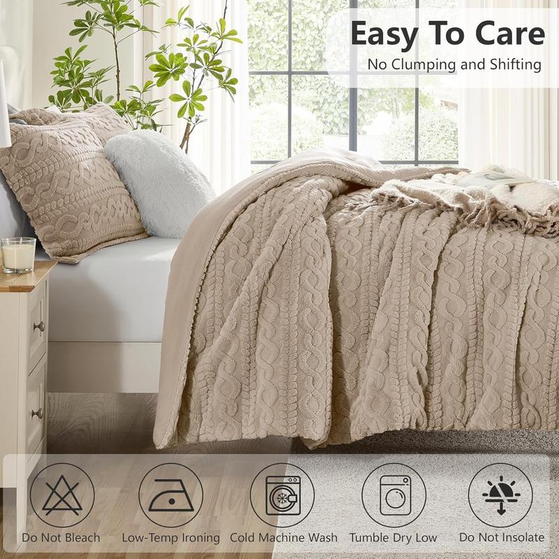 HOMELIKE MOMENT Queen Size Reversible Fluffy Fleece Comforter Set Ultra Soft Cozy Machine Washable Bedding for Christmas Winter Dorm & Bedroom Decor Beige 3-Piece Set, Valentines Gifts