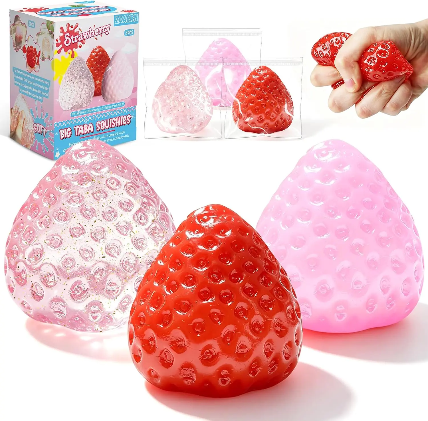 XTAUTO 3Pcs Big Taba Squishies Strawberry, Cute Strawberry Squeeze Toys