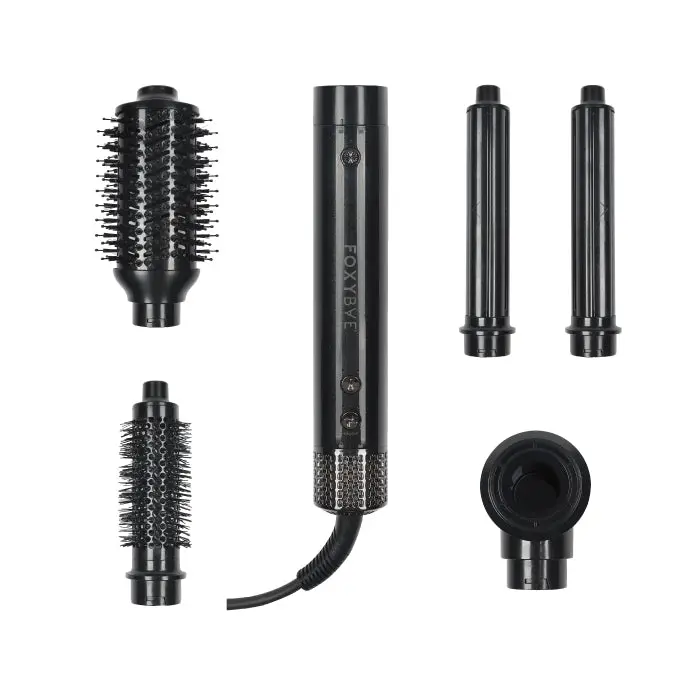 FoxyBae Black Shimmer Super Styler Pro+ Air Styling Set – Interchangeable Hair Styler & Salon Equipment with Auto-Wrap Curler, Blowout & Round Brushes – Frizz-Free, Smooth, Shiny Hair