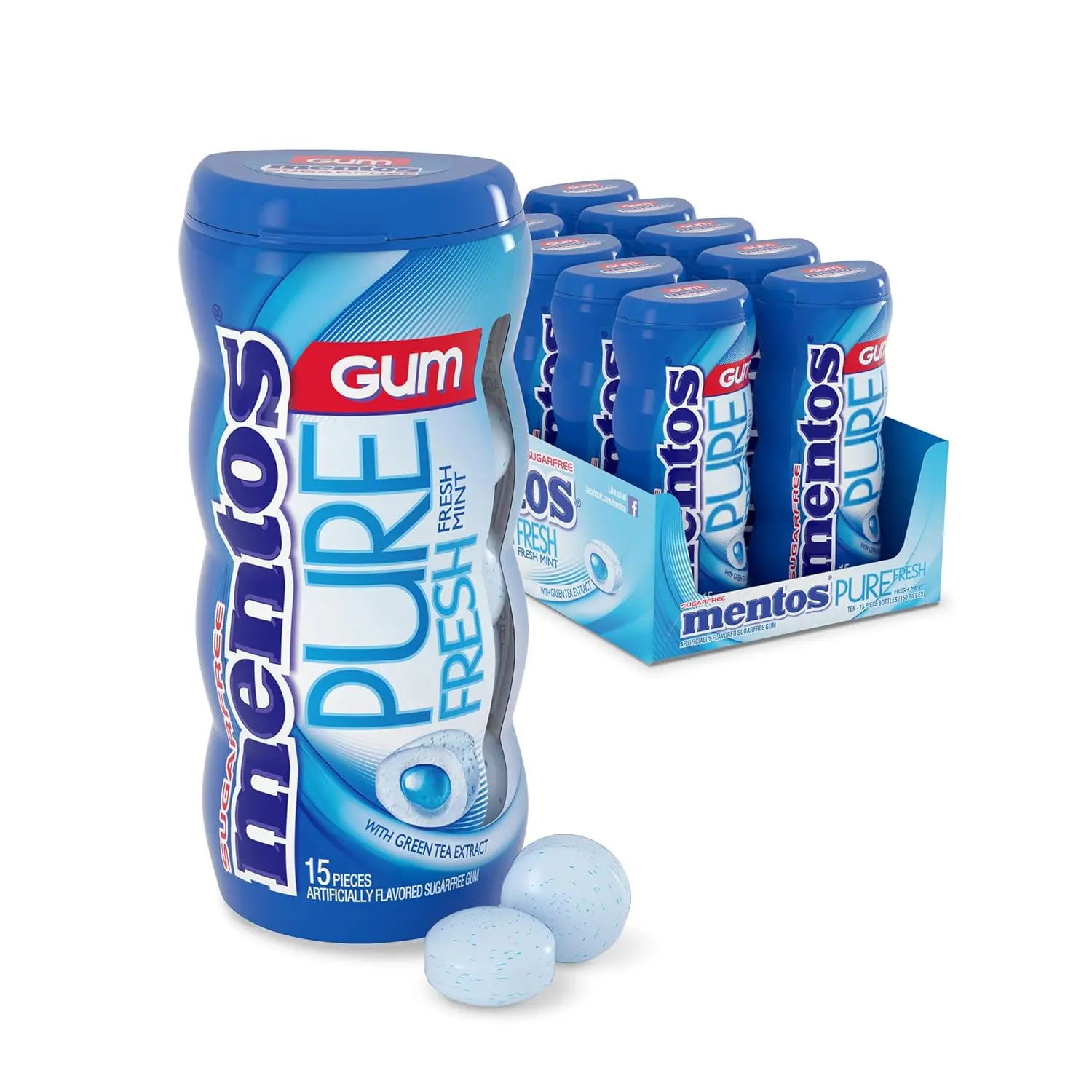 Mentos Pure Fresh Sugar-Free Xylitol Chewing Gum - Mint & Spearmint Flavors, 15-Piece Low-Fat Healthy Bottle, Ambient Bulk Pack of 10, 12-Month Shelf Life Natural Snack, Fresh Breath Solutions