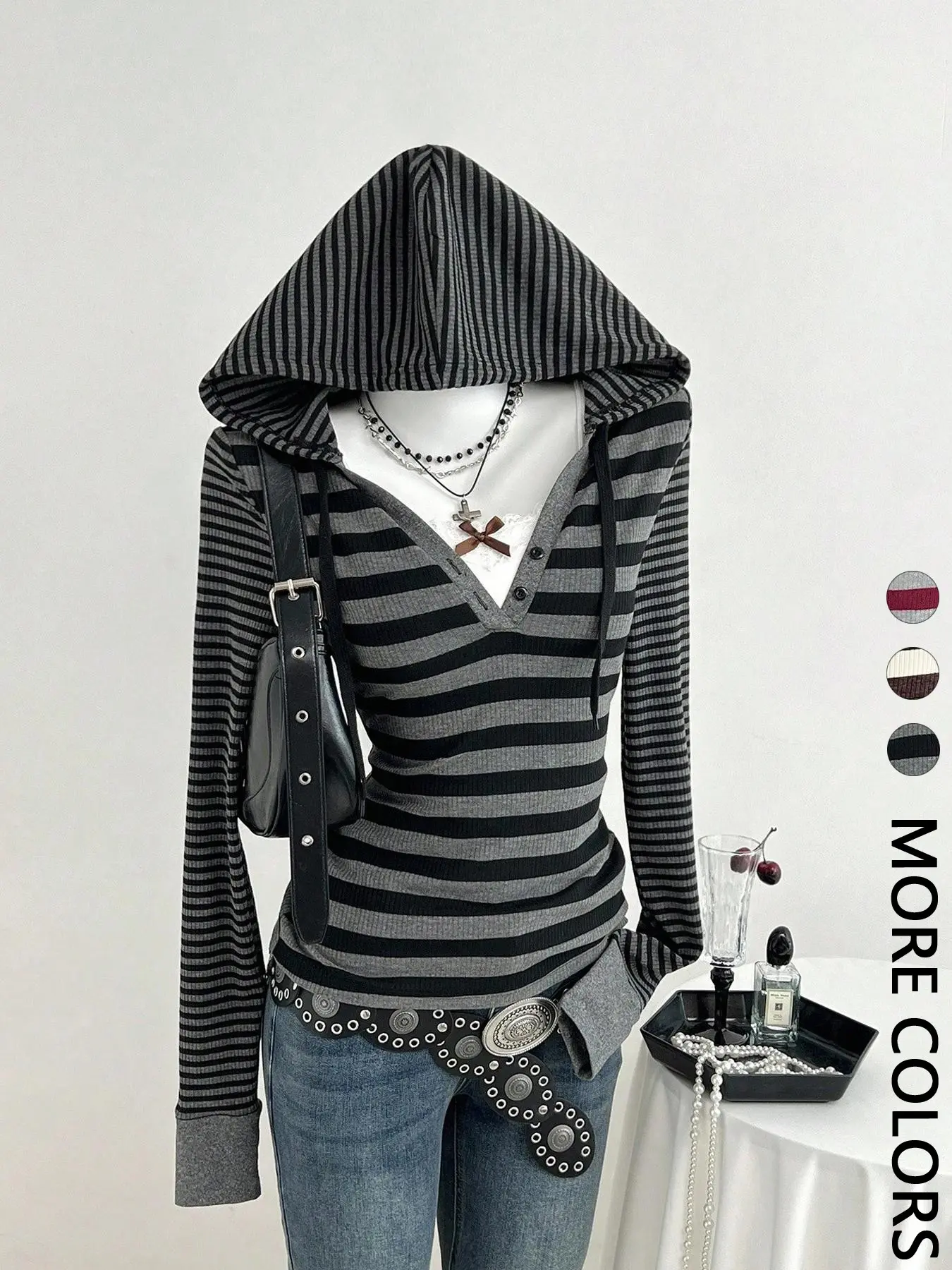 American Street Style Striped Long Sleeve Hooded Top Sweatshirt for Daily Wear, Casual Slim-Fit Streetwear