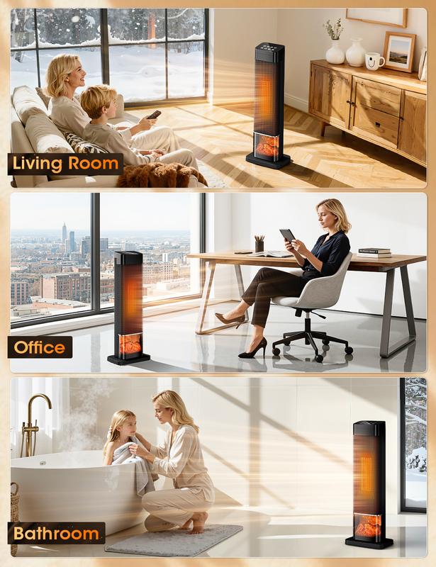 TEHANLD Space Heaters for Indoor, 25”Large PTC Ceramic Heater with Flame, 1500W Electric with Thermostat, 70°Oscillating Portable Tower Heater with Remote for Room, Bedroom, Home, Office, Black TEHANLD Space Heaters for Indoor, 25”Large PTC Ceramic Heater with Flame, 1500W Electric with Thermostat, 70°Oscillating Portable Tower Heater with Remote for Room, Bedroom, Home, Office, Black