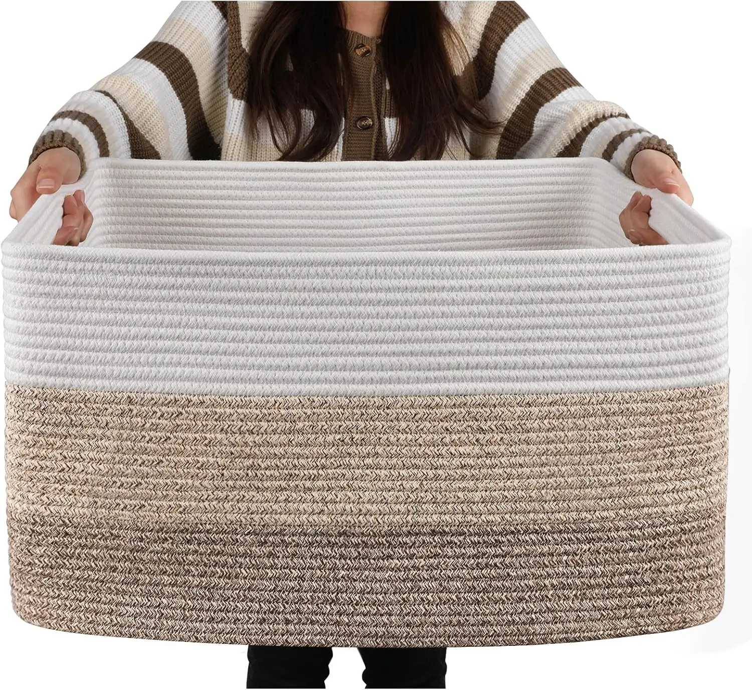 Gradient Yellow Woven Look Rope Weave Storage Basket with Handles, 24"×13"×12.2" Large Rectangle Home Organiser for Living Room, Nursery Room, Blanket Storage