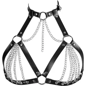 Leather Bra CageStyle Shoulder Strap,Punk Layered Chest Chain,Punk Black Leather Chest Harness Body Waist Chain Belt Rave Nightclub Belly Bra Jewelry Accessor for Halloween Carnival