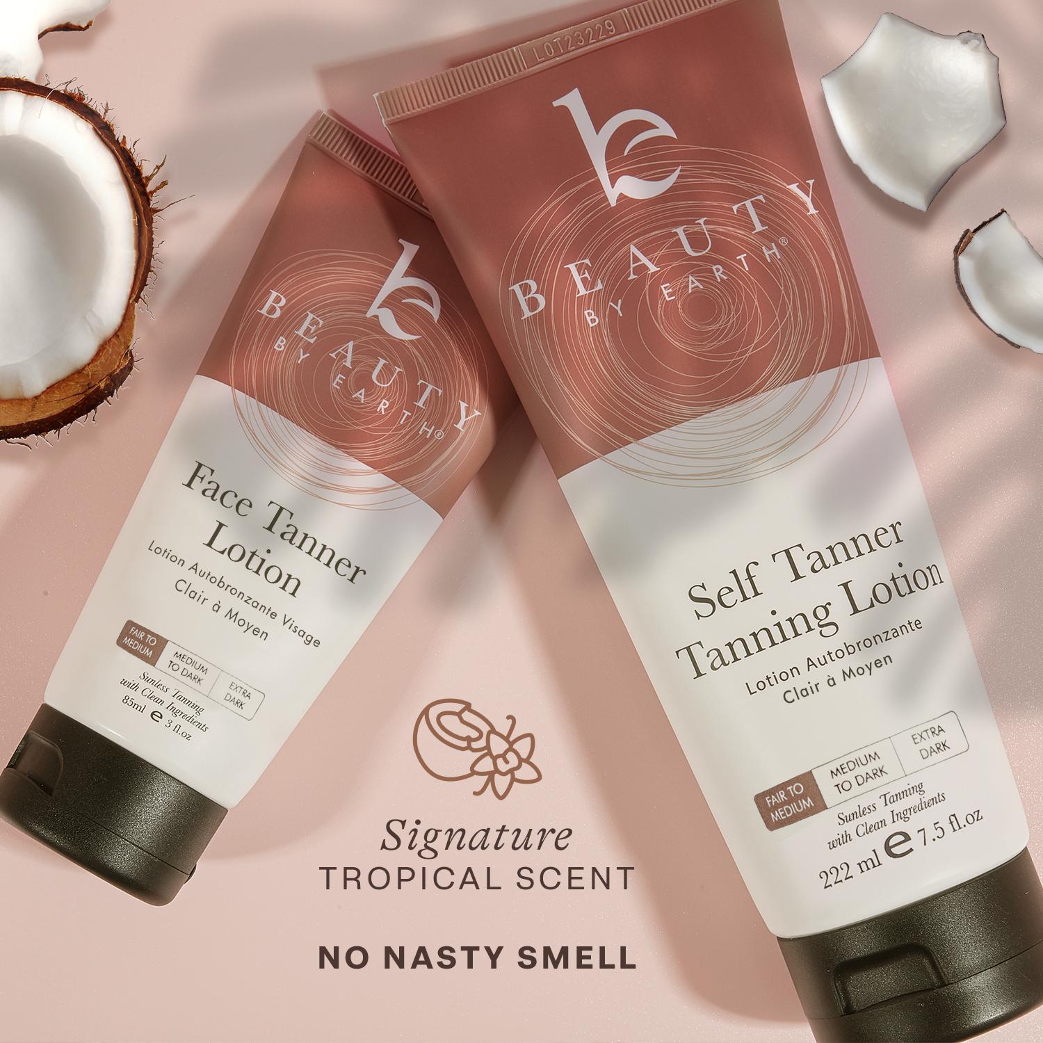 Beauty by Earth Self Tanner Lotion Duo - Gradual Sunless Professional Perfect Tanning Kit Bundle At Home Body Face Non Sticky Streak-Free Tan USA Made Coconut Shea