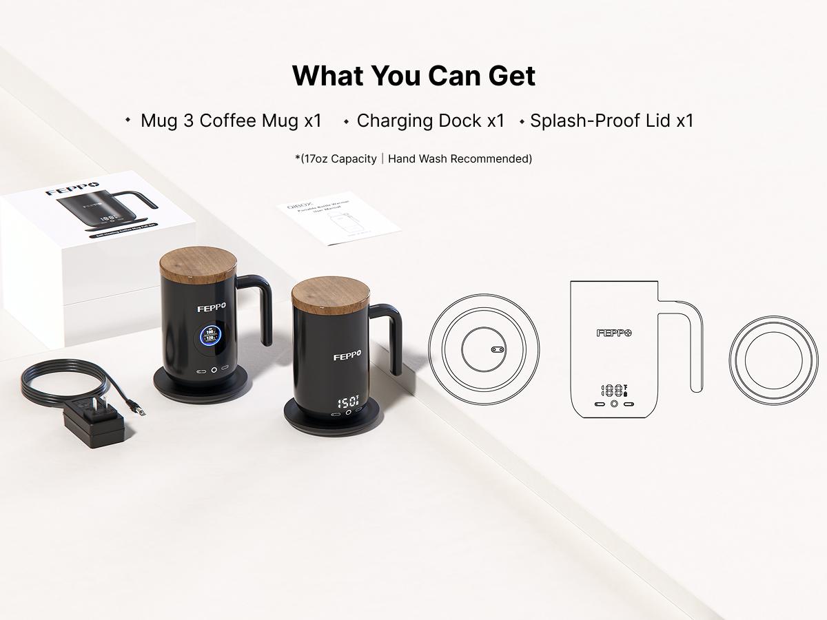 FEPPO Self-Heating Coffee Mug Warmer, 17oz Smart Temperature-Controlled Coffee Mug with Titanium Coating, Real-Time Digital Display, Built-in 2600mAh Battery with Charging Base, Great Gift for Women / Men