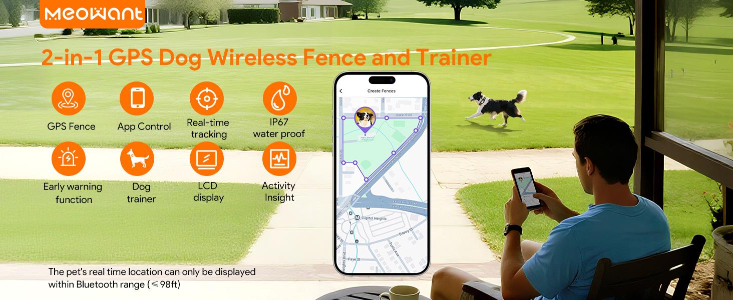 Meowant GPS Wireless Dog Fence Collar，with Training Remote,Custom Fence,Beep/Vibration/Correction,Alert Band,Waterproof LCD Collar,Outdoor