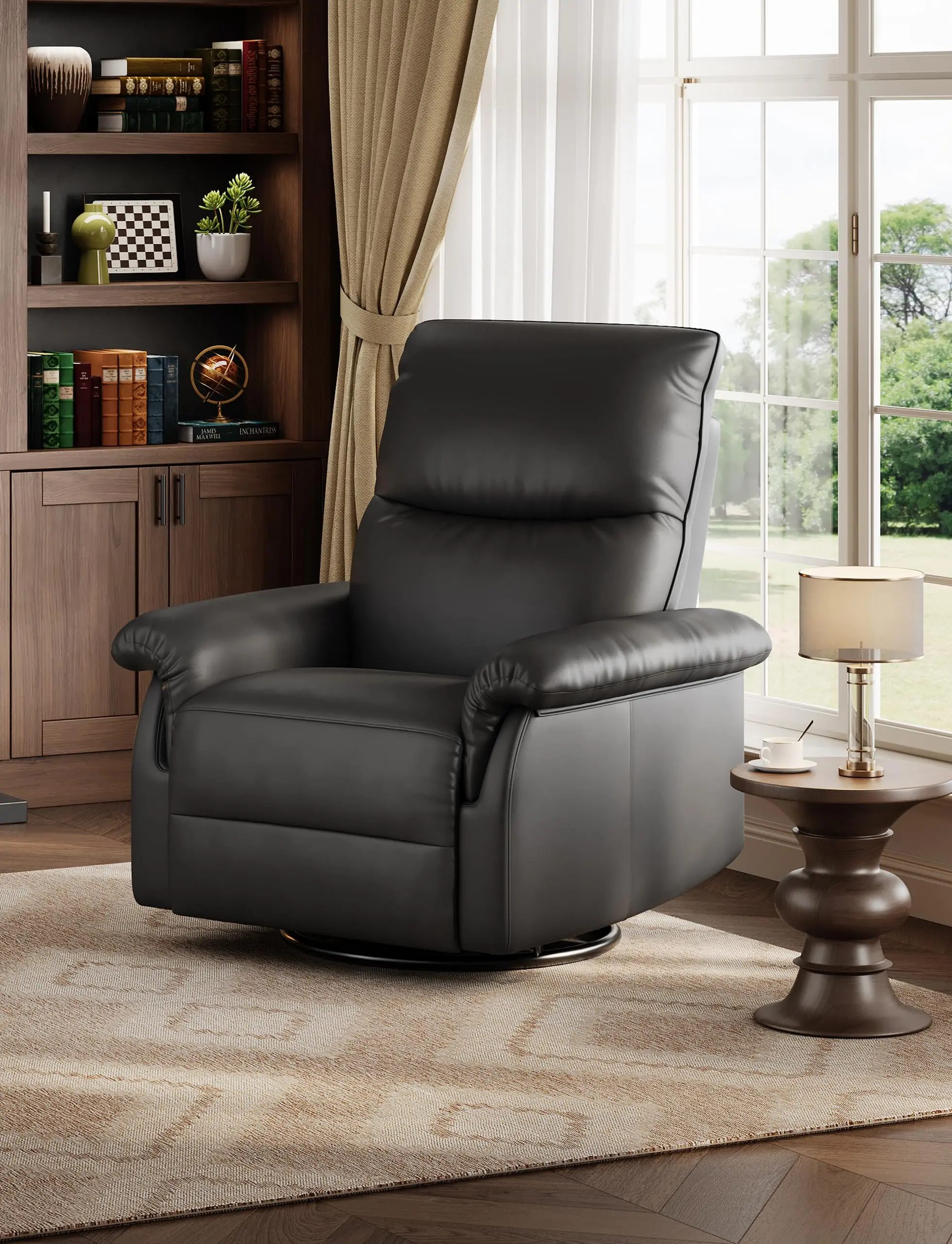 Garvee Manual Recliner Chair, 360° Swivel Rocker Glider Recliner with Padded Armrests, Modern PU Leather Upholstered Reclining Chair for Living Room Bedroom and Nursery (Black)