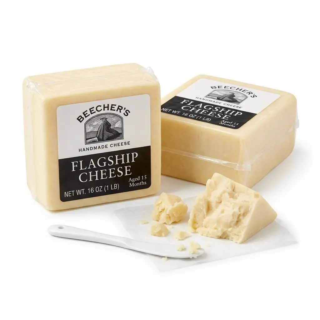 Beecher's Handmade Flagship Cheddar Cheese Bundle - 2x1lb Blocks (2lbs Total), 15-Month Aged Artisan Award-Winning Cheese, Enzymes, Cultures, Locally Sourced Milk, No Added Sugar, Good Source of Protein, Refrigerated for Baking