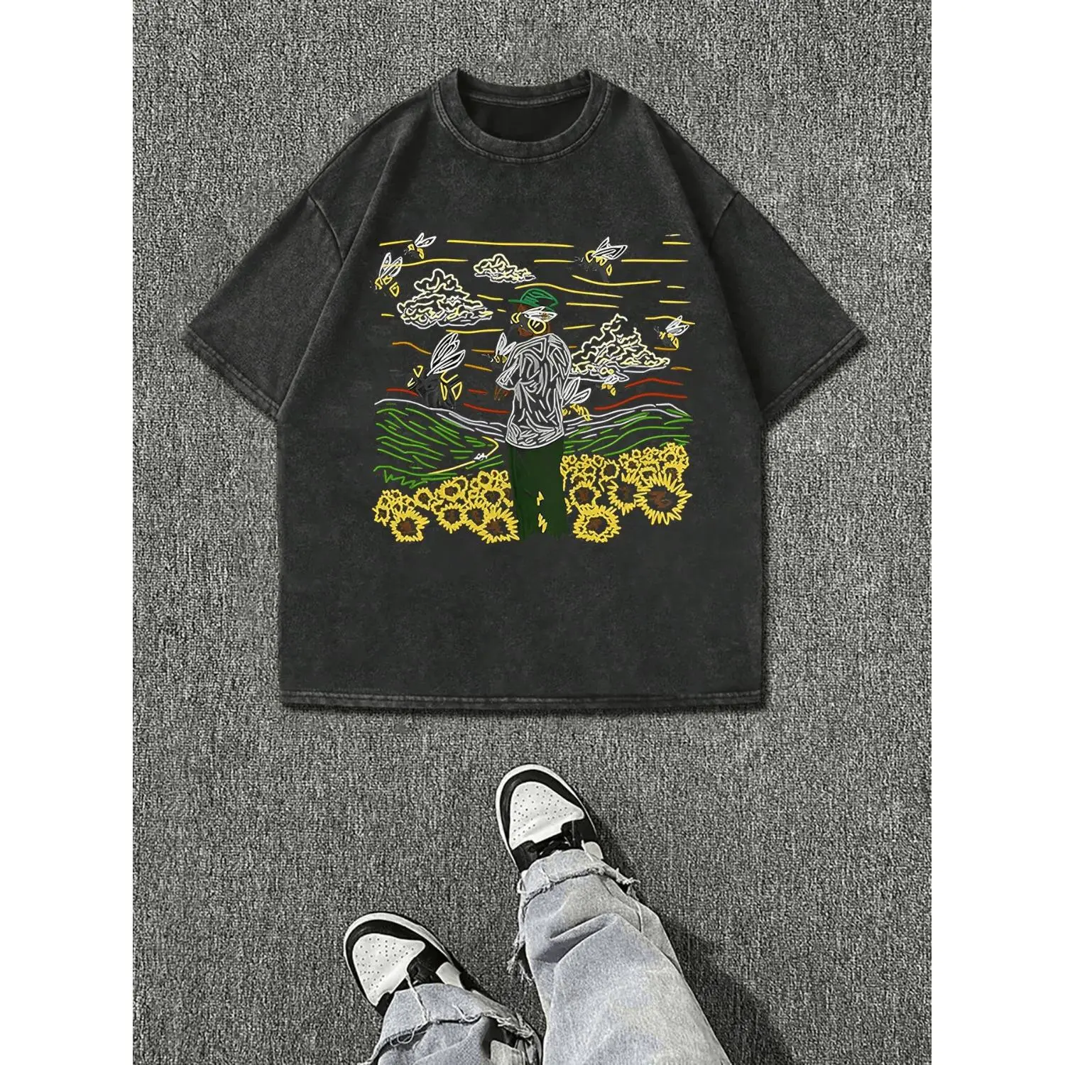 Y2K, Cool, UFO, Outdoor Sports, Modern Street, Washed 230g Fashion Cotton Vintage Washed Men's T-shirt